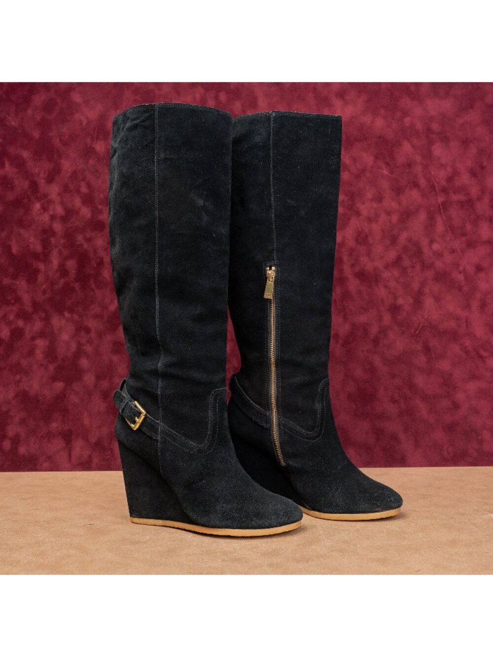 Coach Women Black Suede Leather Zip Dress Fashion Wedge Tall Boots sz 8.5